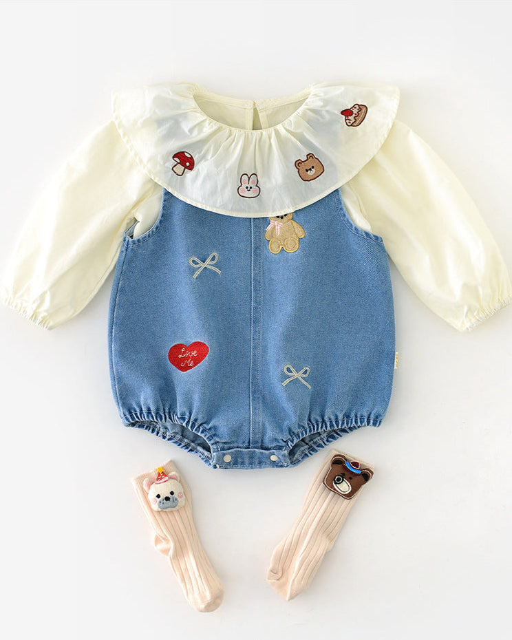 2pcs Cartoon Printed Denim Baby Shirt Romper Set