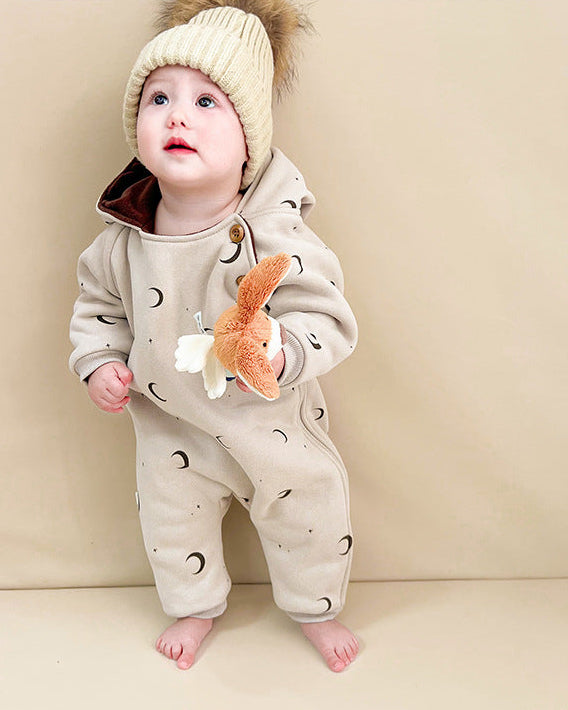 Tree Moon Warm Fleece Hooded Baby Jumpsuits