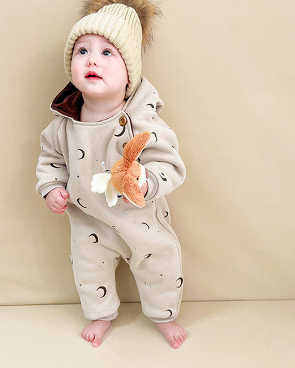 Tree Moon Warm Fleece Hooded Baby Jumpsuits