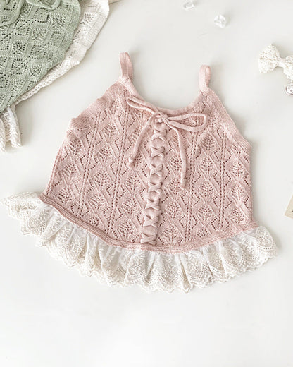 Lace-up Knitted Baby Girl Tank Top/Short Pants