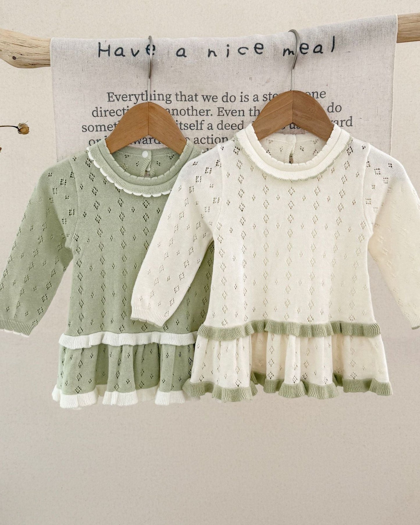 Hollow Knitted Layered Long Sleeve Baby Girl Dress