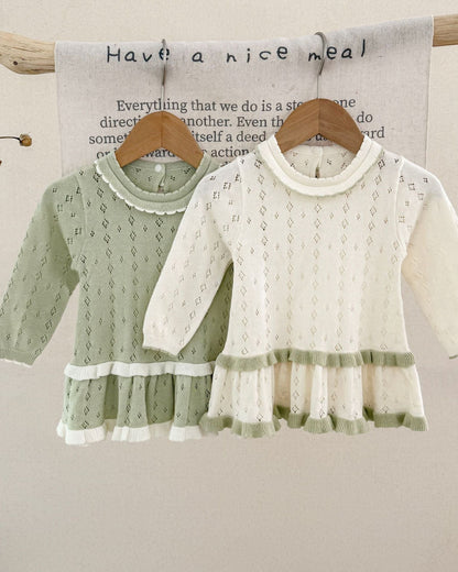 Hollow Knitted Layered Long Sleeve Baby Girl Dress