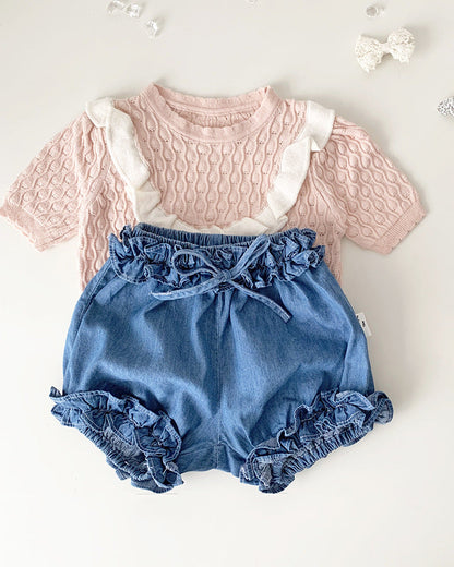 Sweet Breathable Knitted Short Sleeve Girl T-shirt