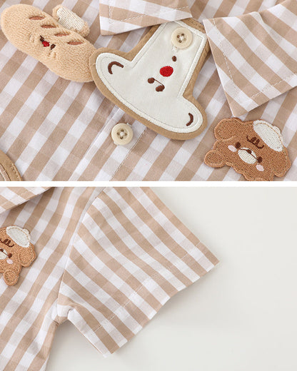 Toast Pattern Plaid Short Sleeve Baby Jumpsuits