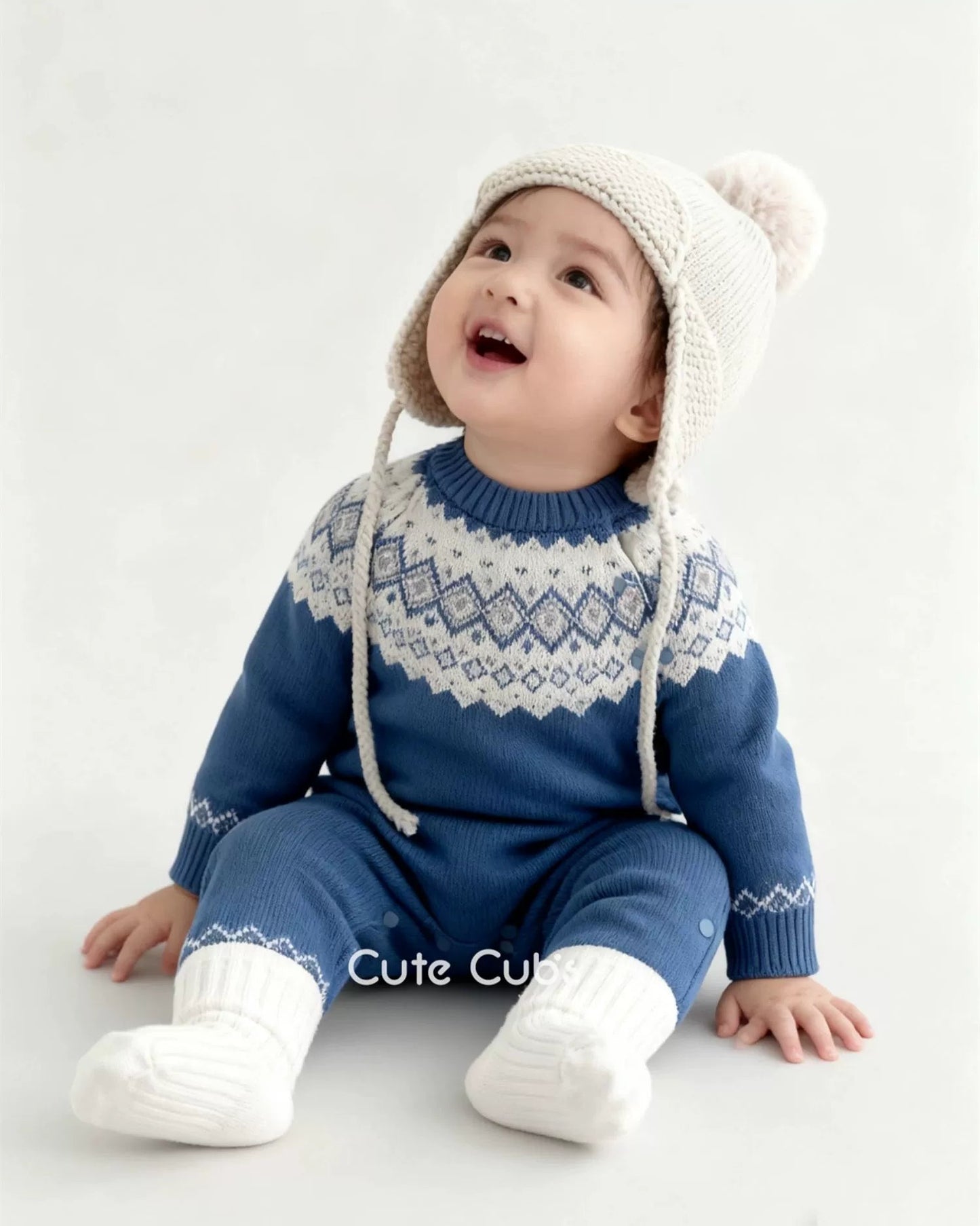 Warm Rhombus Knitted Baby Jumpsuits Hat