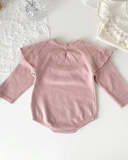 Sweet Ruffled Collar Long Sleeve Knitted Baby Romper