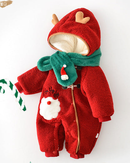Christmas Fleece Hooded Baby Jumpsuits with Scarf