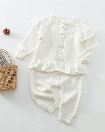 Ruffled Buttoned Knitted Long Sleeve Baby Jumpsuits