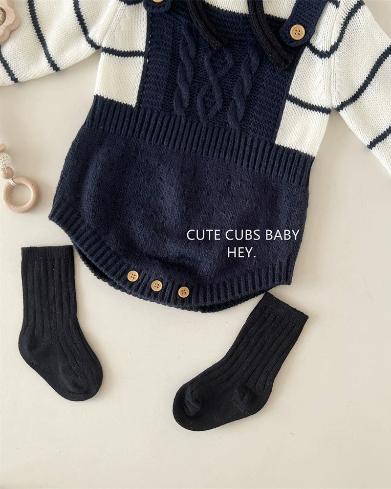 Fake Two Pieces Striped Knitted Baby Romper