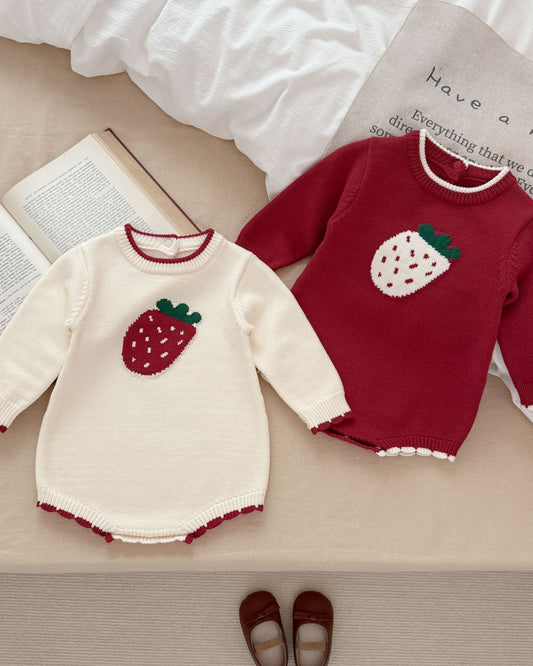 Strawberry Pattern Knitted Long Sleeve Baby Romper