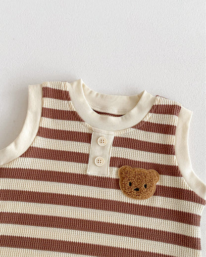 Striped Bear Head Sleeveless Baby Romper