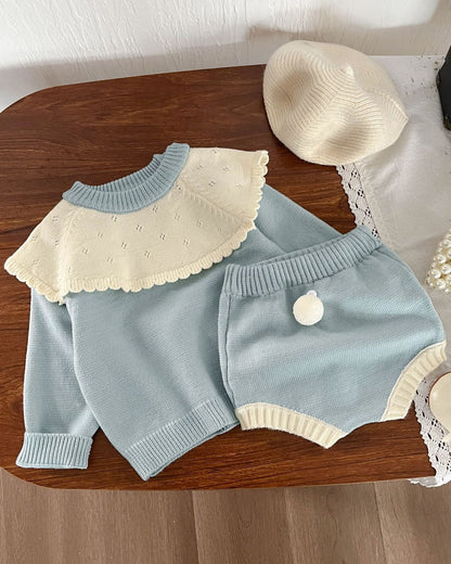 Lace Collar Knitted Baby Girl Sweater Short Pants 2pcs Set