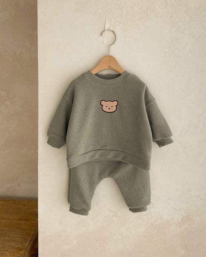 Solid Color Bear Baby Hoodie Pants 2pcs Set