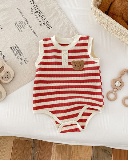 Striped Bear Head Sleeveless Baby Romper