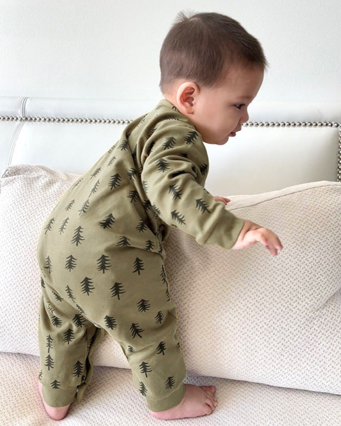 Tree Moon Printed Cotton Long Sleeve Baby Jumpsuits