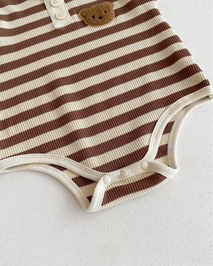 Striped Bear Head Sleeveless Baby Romper