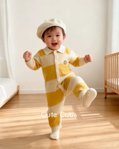 Knitted Striped Polo Collar Baby Jumpsuits Hat