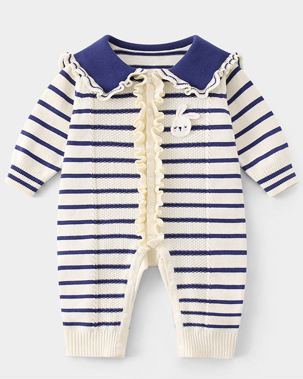 Rabbit Ruffled Striped Knitted Baby Jumpsuits