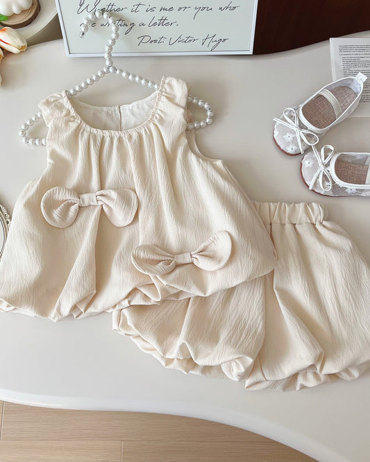 Beige Sweet Bow Decor Girl Dress/Outfit