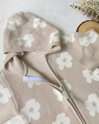 Flower Zipped Knitted Hooded Baby Jumpsuits
