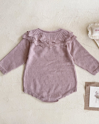 Lace-up Knitted Ruffled Collar Long Sleeve Baby Romper