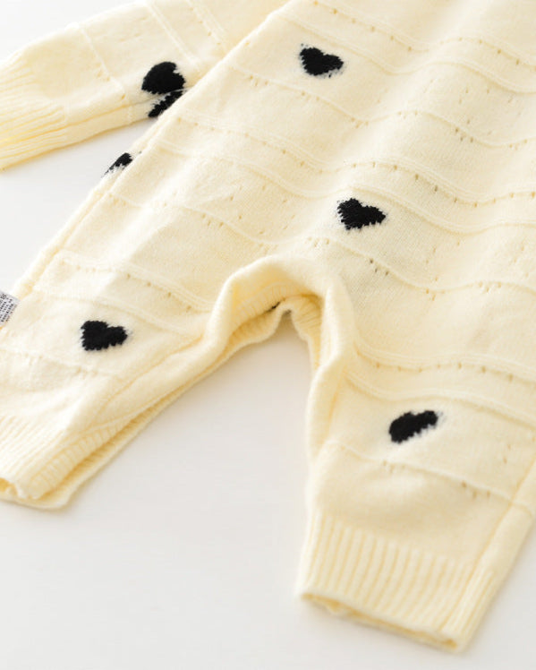 Heart Decor Knitted Buttoned Long Sleeve Baby Jumpsuits
