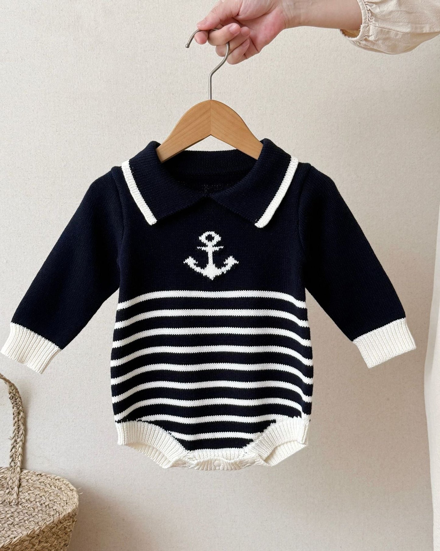 Striped Anchor Pattern Knitted Long Sleeve Baby Romper