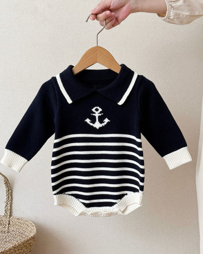 Striped Anchor Pattern Knitted Long Sleeve Baby Romper