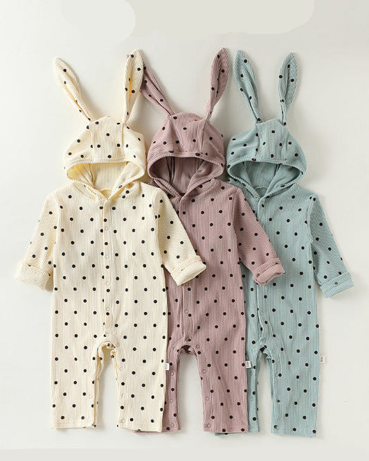 Cotton Polka Dot Ear Hooded Baby Jumpsuits