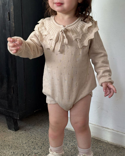 Lace-up Knitted Ruffled Collar Long Sleeve Baby Romper