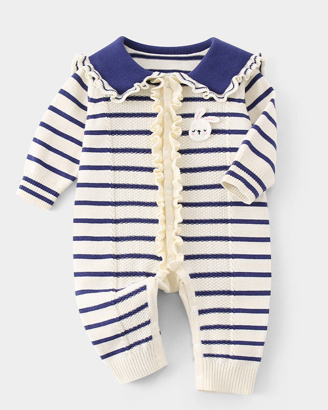 Rabbit Ruffled Striped Knitted Baby Jumpsuits