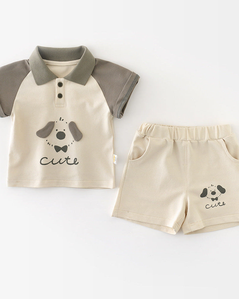 Dog Pattern Casual Baby Polo Shirt&Pants Set