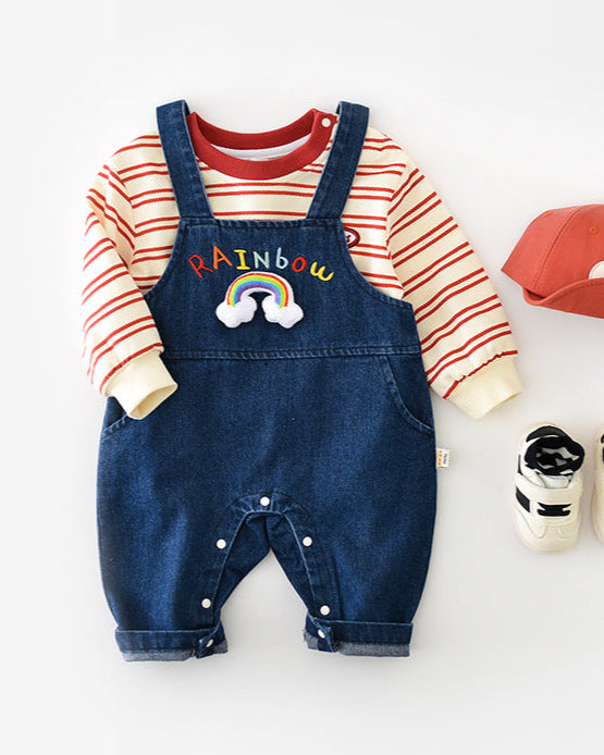 Rainbow Pattern Baby Denim Jumpsuits/Hoodie