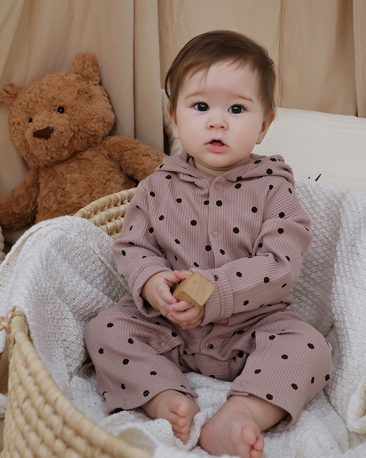 Cotton Polka Dot Ear Hooded Baby Jumpsuits