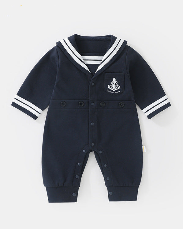 Navy Collar Buttoned Long Sleeve Baby Jumpsuits