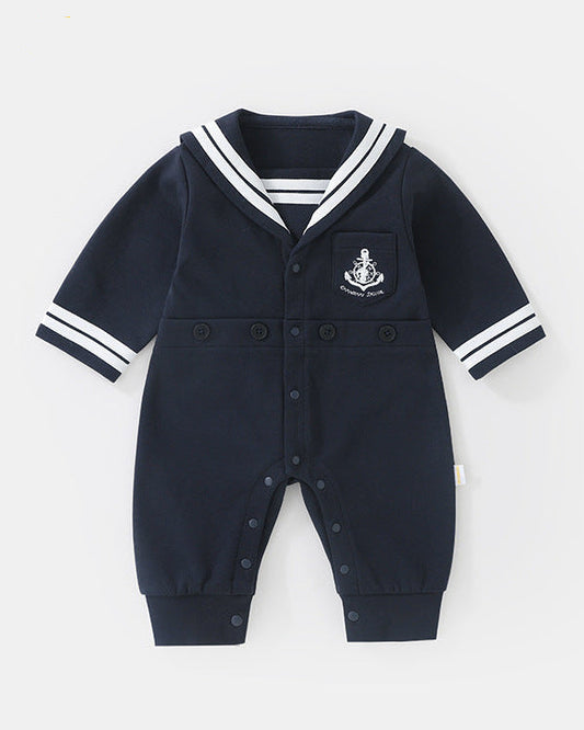 Navy Collar Buttoned Long Sleeve Baby Jumpsuits