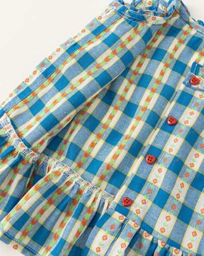 2pcs Plaid Floral Heart Buttoned Girl Top&Pant Set