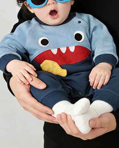 Shark Pattern Long Sleeve Baby Jumpsuits