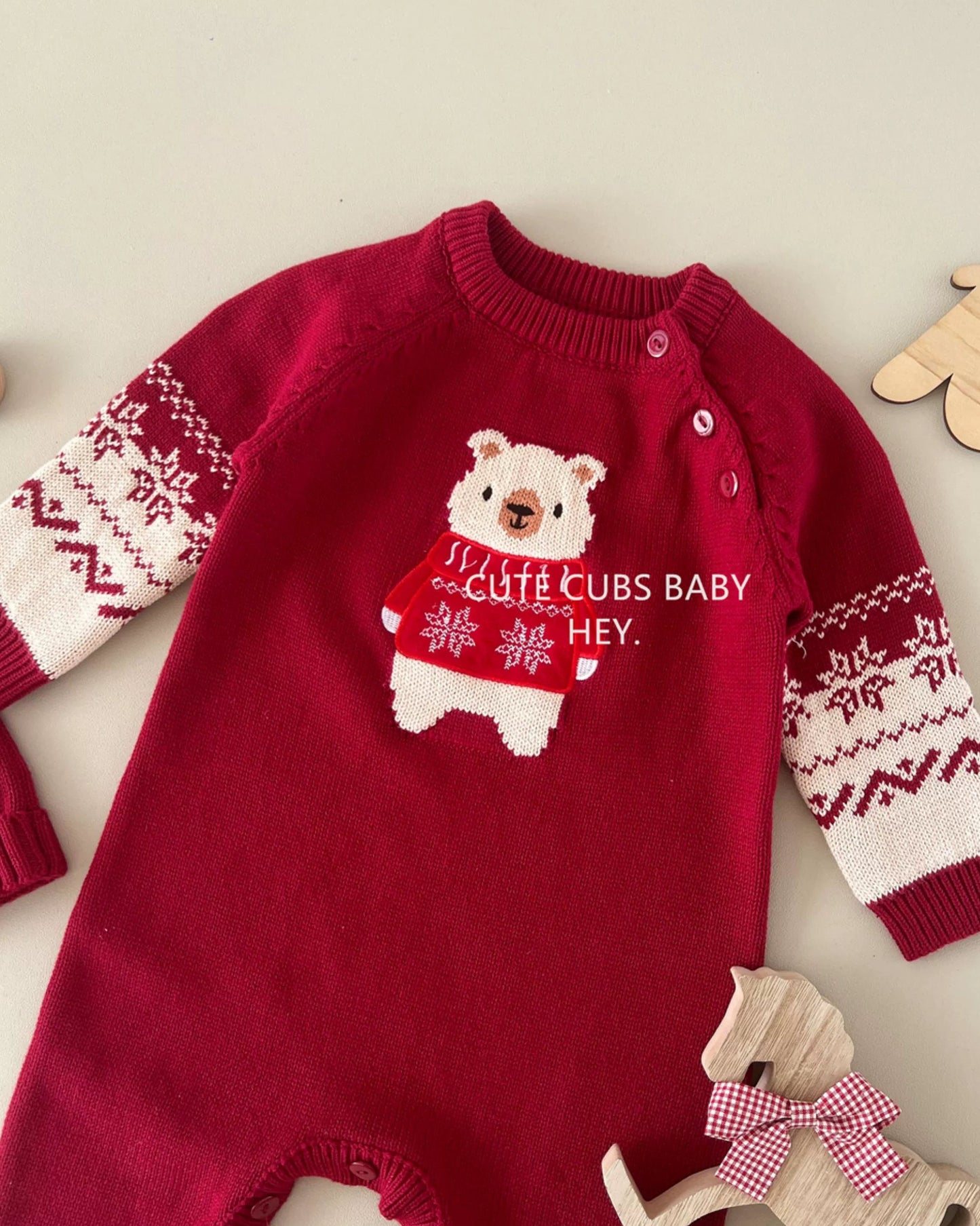 Bear Pattern Knitted Baby Jumpsuits Hat 2pcs Set