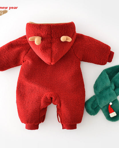 Christmas Fleece Hooded Baby Jumpsuits with Scarf