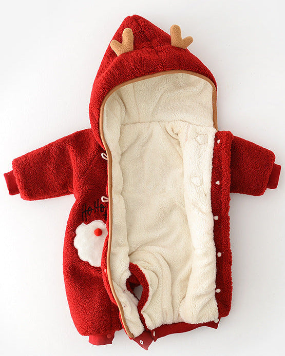 Christmas Fleece Hooded Baby Jumpsuits with Scarf
