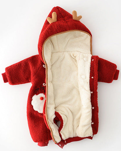 Christmas Fleece Hooded Baby Jumpsuits with Scarf