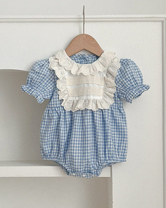 Plaid Lace Short Sleeves Girl Dress/Baby Romper