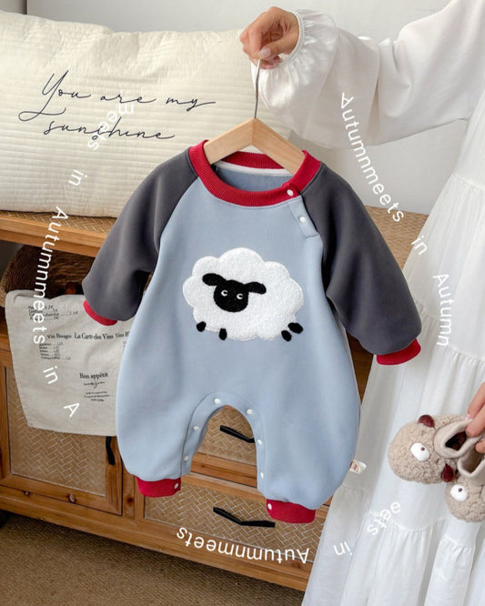 Cartoon Sheep Color Block Long Sleeve Baby Jumpsuits