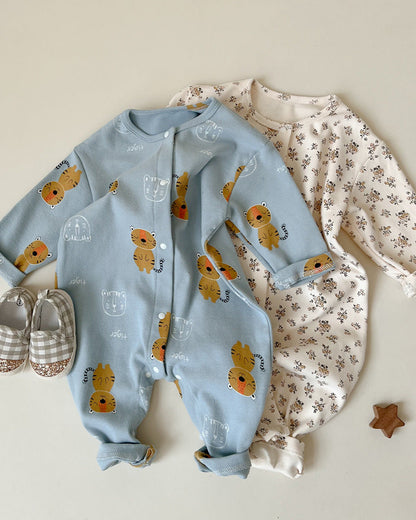 Floral Animal Printed Cotton Long Sleeve Baby Jumpsuits