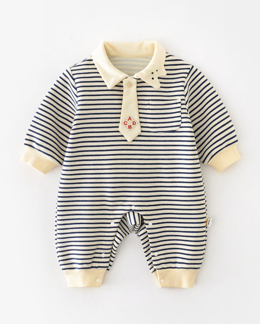 Striped Tie Bear Collar Long Sleeve Baby Jumpsuits