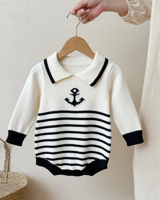 Striped Anchor Pattern Knitted Long Sleeve Baby Romper