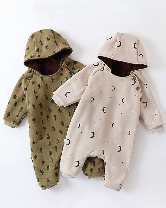 Tree Moon Warm Fleece Hooded Baby Jumpsuits