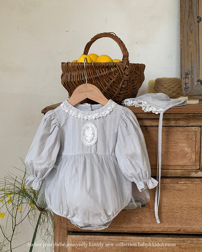 Lace Mesh Decor Long Sleeve Baby Girl Romper&Hat