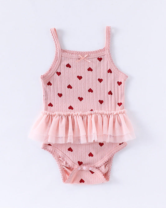 Heart/Bow Printed Lace Ruffled Cotton Baby Romper